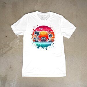 Retro Sunset And Palm Trees With VW Van On A Beach